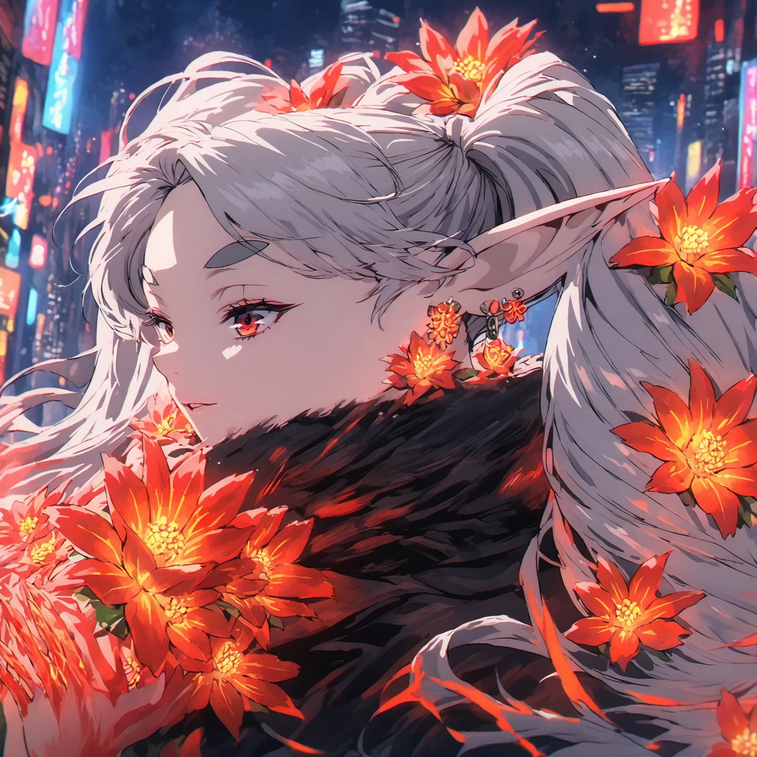 against the backdrop of the night city( red neon colors, haze in the sky), young woman ((freeze, pointy ears, elf, earrings, twintails, parted bangs, grey hair, thick eyebrows), (magic in hand (fire flower)))