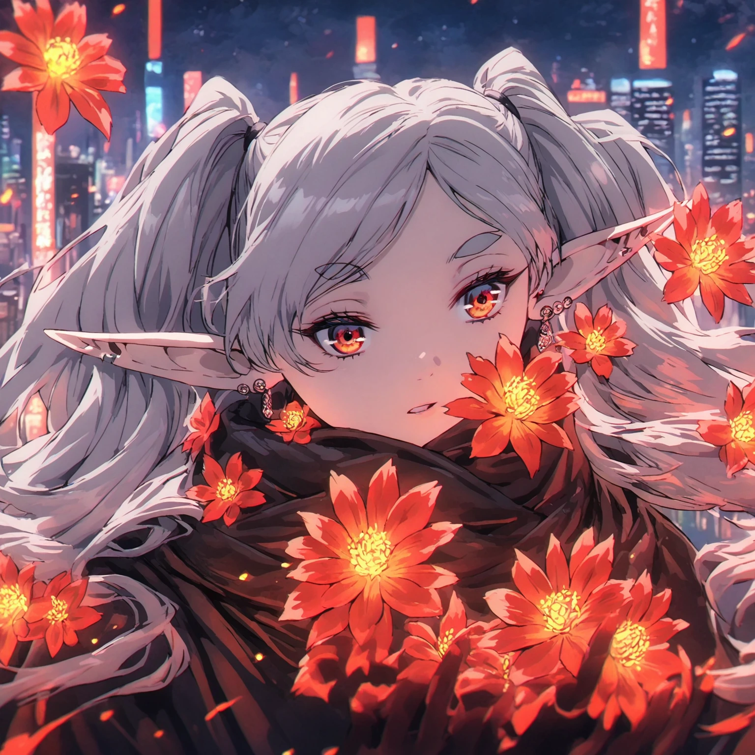 against the backdrop of the night city( red neon colors, haze in the sky), young woman ((freeze, pointy ears, elf, earrings, twintails, parted bangs, grey hair, thick eyebrows), (magic in hand (fire flower)))