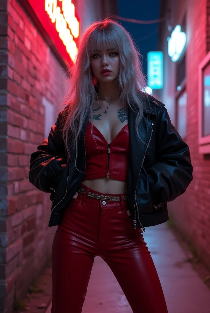 ((NSFW)) Masterpiece, portrait of a beautiful young lady with the apearance of harley quinn with pretty make-up and black and red glossy lips. She is posing seductively with a sexy and sultry expression while laughing manically and sticking her tongue out leaning back against the wall with her knee up. holding a basball bat. She has a tattoo of a skull and heart, and a small diamond tattoo under her eye. She has thick long blonde hair tied in twin bunches with pink and blue ends and she is wearing a small tight black and red leather jacket falling off one shoulder and tight black and red short leather skirt with chains and fishnet stockings. She is in on a city sidwalk at night with pink and blue neon lights illuminating the scene. it is raining, she is wet with wet hair. She has very large Voluptuous breasts. One hand is cupping one of her breasts. Taken by professional photographer using a canon 5D mark 3. Extremely detailed and colourful --ar 2:3 --v 6.0 --style raw --s 750
