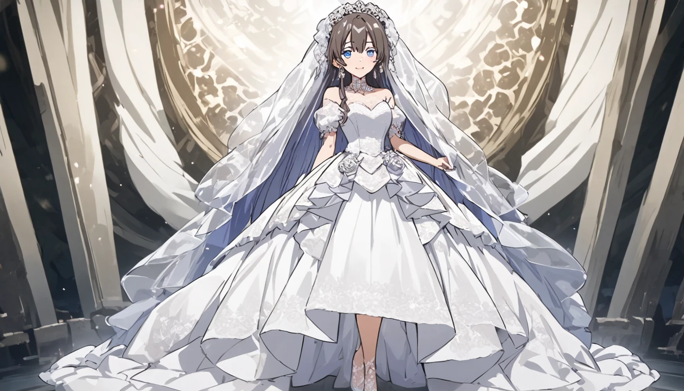 Celine is wearing a wedding dress　Full body view