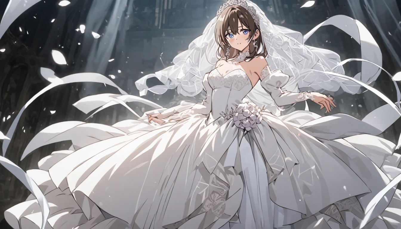 Celine is wearing a wedding dress　Full body view