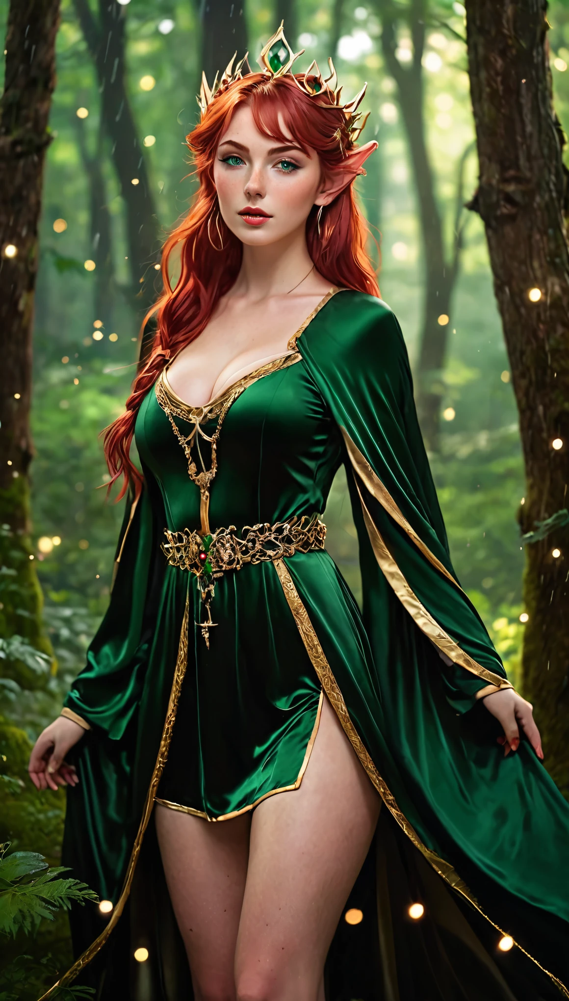auburn hair,Slender palatial woman, Decorated with flowing emerald silk robes, Stand on top of a meadow hill,The view is majestic.