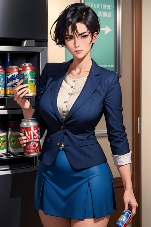 A career woman in a suit, middle-aged mature woman, 47 years old ,1 person、Muscular（1：2）,  hairstyle short hair permanent 、Navy blue skirt underneath、With a tired look on his face, he takes out a can of beer from the refrigerator at home and drinks it.、（Hold a can of beer in your right hand）、