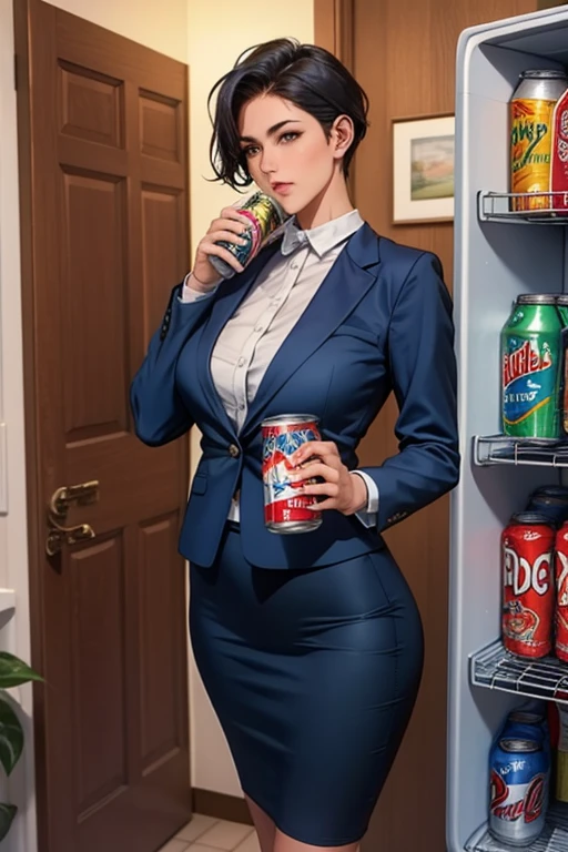 A career woman in a suit, middle-aged mature woman, 47 years old ,1 person、Muscular（1：2）,  hairstyle short hair permanent 、Navy blue skirt underneath、With a tired look on his face, he takes out a can of beer from the refrigerator at home and drinks it.、（Hold a can of beer in your right hand）、