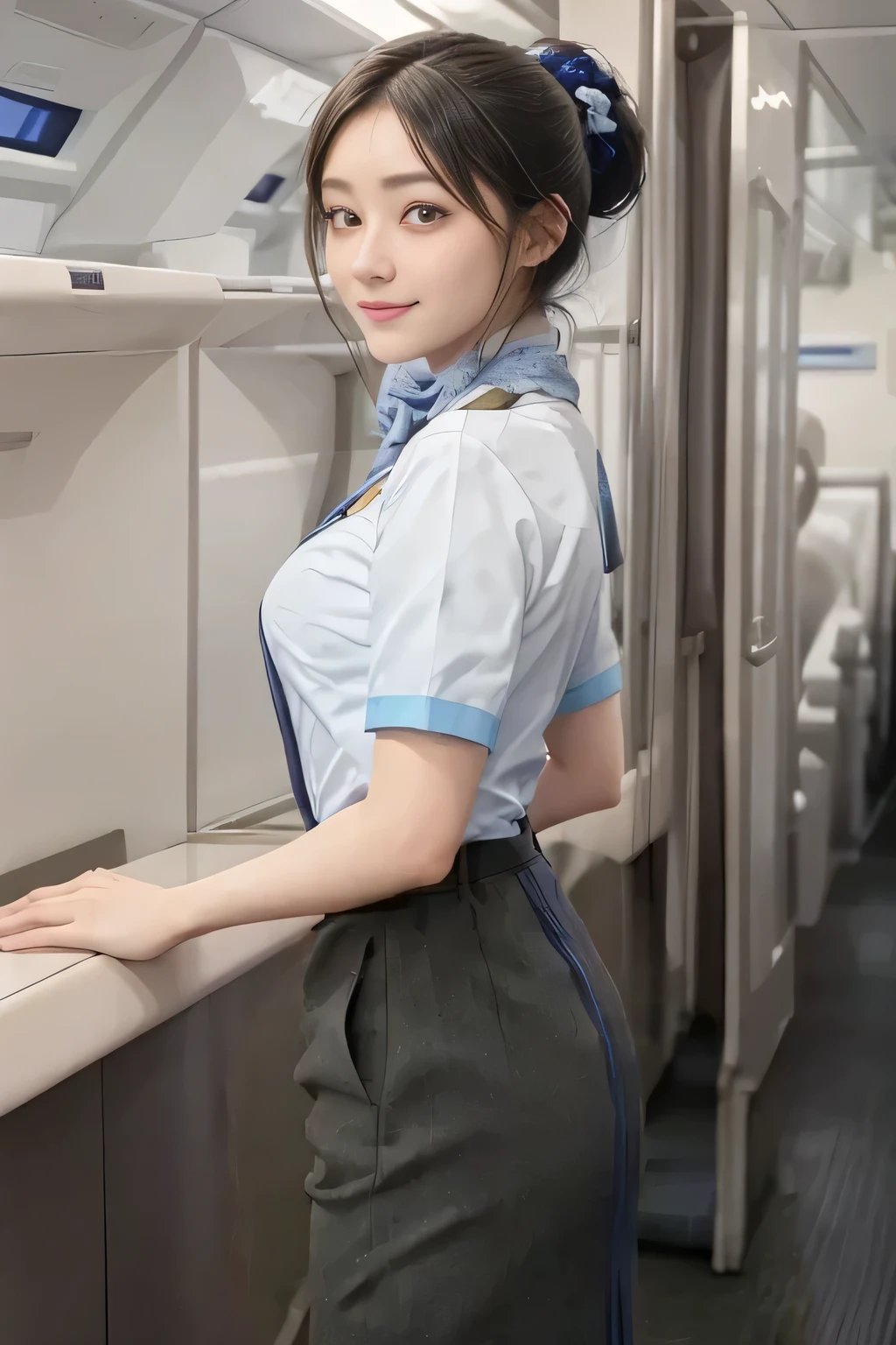 (masterpiece:1.2, Best Quality:1.2), 32K HDR,  High Resolution , (Alone、 1 girl)、（on board、 professional lighting that protrudes forward）、In-flight background、（ANA flight attendant uniform blueを着たリアルスタイル）、（（ANA flight attendant uniform blue short sleeve blouse 、 ANA flight attendant uniform blue skirt with blue line on the back、Scarf around the neck））、Dark brown hair、（ long hair、Hair tied up、Hair tied up）、Dark brown hair、 LONG SHOT 、Big Breasts、Thin legs、（（Great hands：2.0）），（（ Harmonious Body Proportions：1.5）），（（Normal limbs：2.0）），（（Normal finger：2.0）），（（Delicate eyes：2.0）），（（Normal eyes：2.0））)、smile、（ANA flight attendant uniform blueを見せた美しい後ろ姿）、Hands down