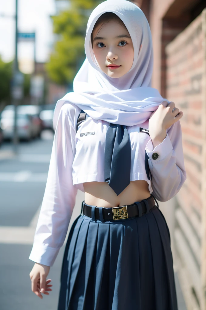 (((Ultra-HD-quality-details))) , school girl wearing hijab (Hijabi) , Long Sleeve Buttoned Crop Navel Uniform ,indistinct. ,pale skin, belt under the hips ,Long skirt ,both hands on hips ,(8k resolusion)