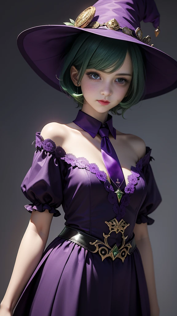 realistic 1.2, top-quality、extremely delicate and beautiful、(A teenage girl)、Purple Eye、Green hair、short-haired、(purple witch hat)、Purple tie、i&#39;m、shortsleeves、Purple skirt、Purple Wizard Robe、Navel、is standing、 BIG BREASTS, Full moon night on background, sfx, complements visual art, immersing the viewer. The level of detail is inspiring,  with meticulously crafted intricate elements ,  volumetric effects add depth and dimension, and the photorealism is unmatched.  The image is rendered in 8K resolution , ensuring super detailed visuals, highlighting your beauty and aura in a supernatural way.  High Dynamic Range technology  (HDR)  makes the cores stand out ,  adding richness to the overall composition . Finally, this art presents an unreal portrait.