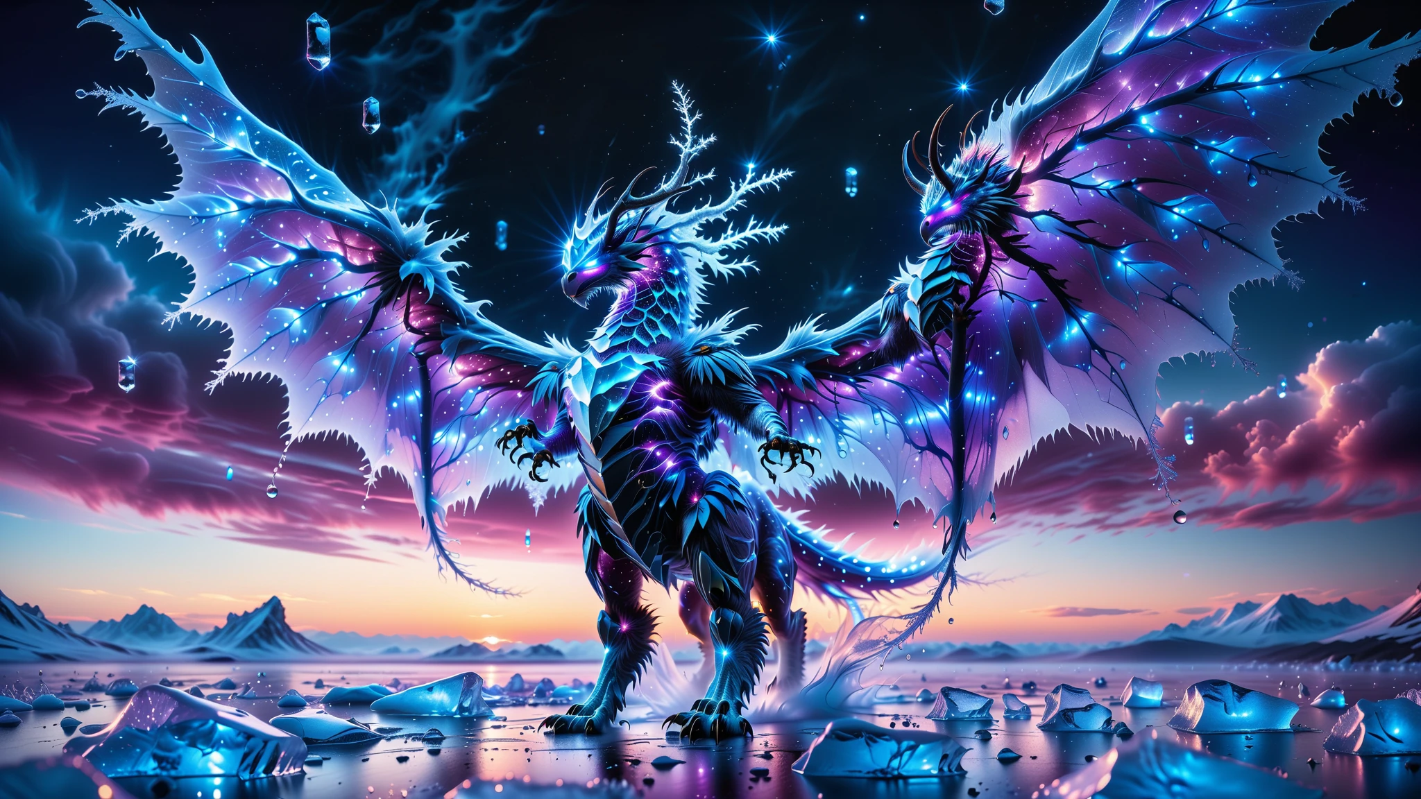 A Masterpiece In 32K Resolution, Supreme Quality, Super Detail, Official Art, Very High-Resolution 32K Wallpaper, Beautiful And Aesthetic, Ultra-Detailed Features, Awe-Inspiring Detail. Towering Bioluminescent Trees Stretch Into A Purple Sky, Their Branches Pulsing With Electric Blue Light. Rising From The Depths Is A Colossal Ice Manticore, Its Body Covered In Frozen Fur And Spines. Massive Wings Unfold From Its Sides, Glinting In The Light, Its Frosty Breath Leaving Trails Of Glittering Ice Droplets In The Air. Giant Floating Beasts Drift Through The Air, Their Silhouettes Blending With The Exotic Landscape.