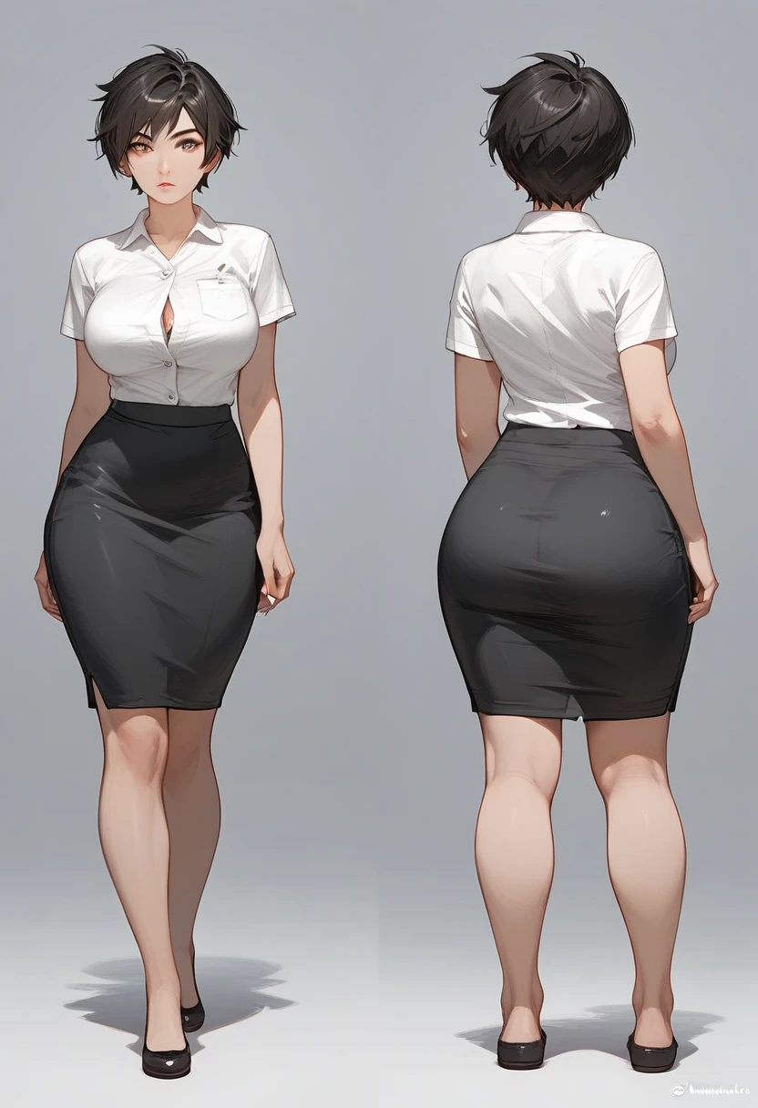 beautiful Asian woman, wearing suit and miniskirt , in white background,female teacher,slender body,standing, short hair, smile,edgy pixie cut,brown hair, small breasts, looking at viewer,  onoff,ultra detailed, best quality,aesthetic ,museum quality, award winning, exquisite detail, breathtaking composition, masterful brushwork, striking contrast, flawless anatomy, meticulous rendering
