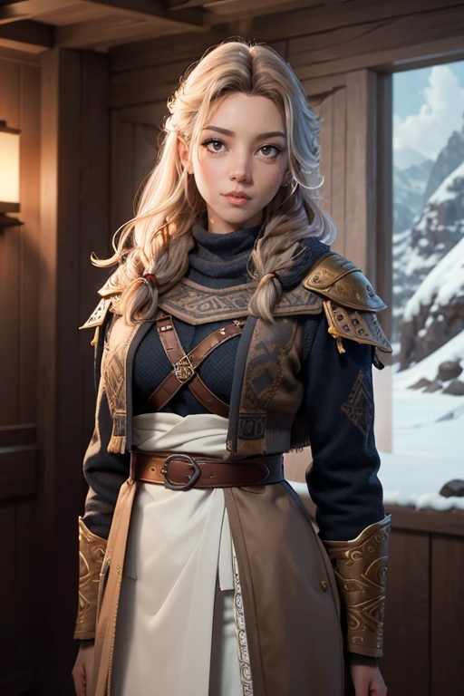 [full length portrait] [18-23 Years Old nordic female fashion model] [dressed like a viking queen style] [Bored expression on face][Photo taken in a mountainous and snowy landscape] [viking mead house in background][type of illumination: natural lighting], extremely realistic, 8k, insane details, intricate details, beautifully color graded,Color Grading, Editorial Photography, Photography, Bokeh, taken with a 60mm lens, ISO 300, f/4, 1/200th