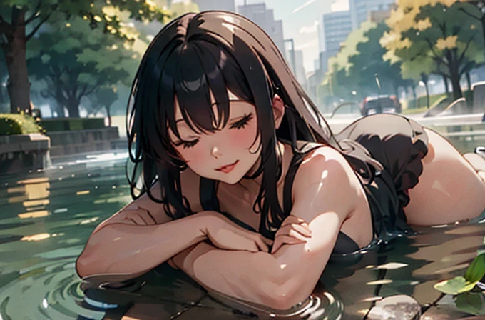 (Super detailed), ( Beautiful background,  detailed background),One Girl, Lying on the water,  eyes closed ,  relaxed , Catch a fish, weed,(The above shot:1.5)、Silver Hair、Curly hair、 wet hair、Drops from the tips 、((sparkling water 1 .2)),((Wavy 1 .2))、(Refraction of Light)、(( shiny hair、 thick lip:1.5))、 sunlight filtering through the trees、((steam:1.2))、