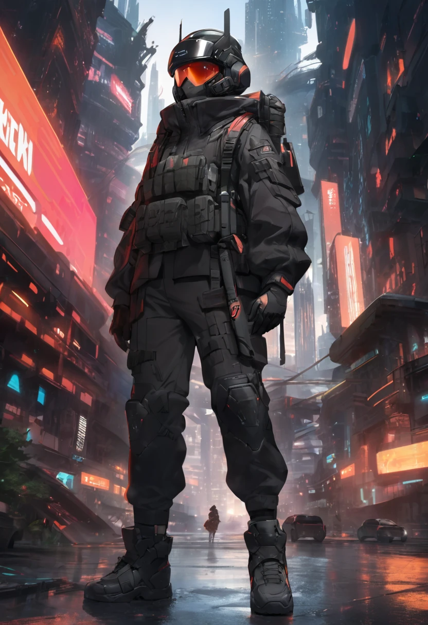   girl with tactical helmet, red and black jacket ,   , worn out clothes, Futuristic city background 