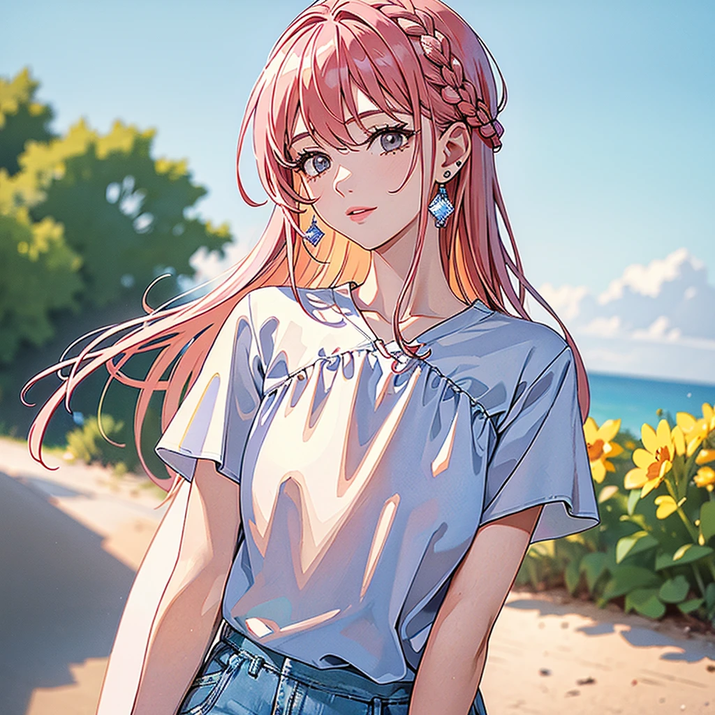 (masterpiece:1.2, Top quality),, Nice illustration, (Natural side Light, Light), 
Looking at the audience, 1 girl,Protruding nipples， Pink hair，White shirt clothes，Denim shorts，Large Breasts，Nipple protrusion 2:1，She sits in a garden chair，Protruding nipples