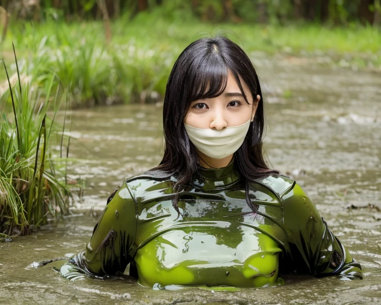  1 girl,  High Resolution , Wet clothes, See-through clothing, Cover your mouth, In the swamp, mud, Slime, Melted