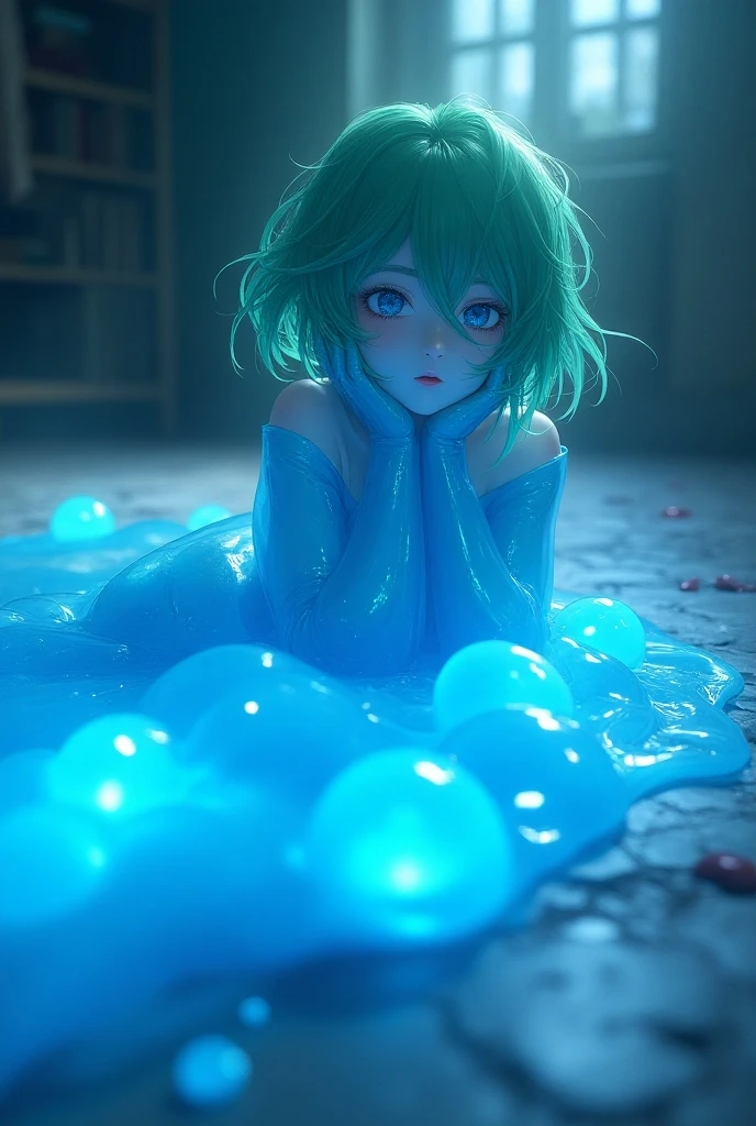 (highres,masterpiece:1.2),ultra-detailed,(realistic:1.37),portrait,slime girl,covered in violet slime, (partially transparent), (wet with water), (violet sweat), slimy purple fluid dripping from her body. Her hair is also covered in violet slime. Violet slime splattering, violet hair, violet eyes