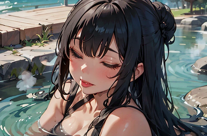 (Super detailed), ( Beautiful background,  detailed background),One Girl, Lying on the water,  eyes closed ,  relaxed , Catch a fish, weed,(The above shot:1.5)、Silver Hair、Curly hair、 wet hair、Drops from the tips 、((sparkling water 1 .2)),((Wavy 1 .2))、(Refraction of Light)、(( shiny hair、 thick lip:1.5))、((steam:1.2))、( wet hair:1.2)、tropical、Twin bun hairstyle、