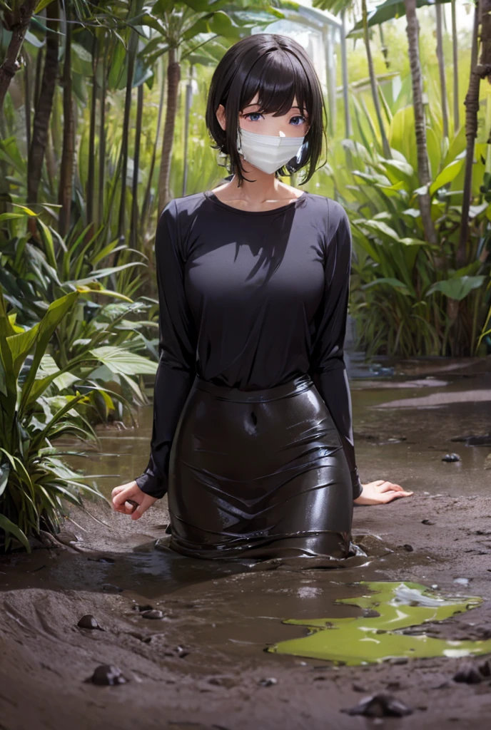  1 girl,  High Resolution , Wet clothes, See-through clothing, Cover your mouth, In the swamp, mud, Slime, Melted