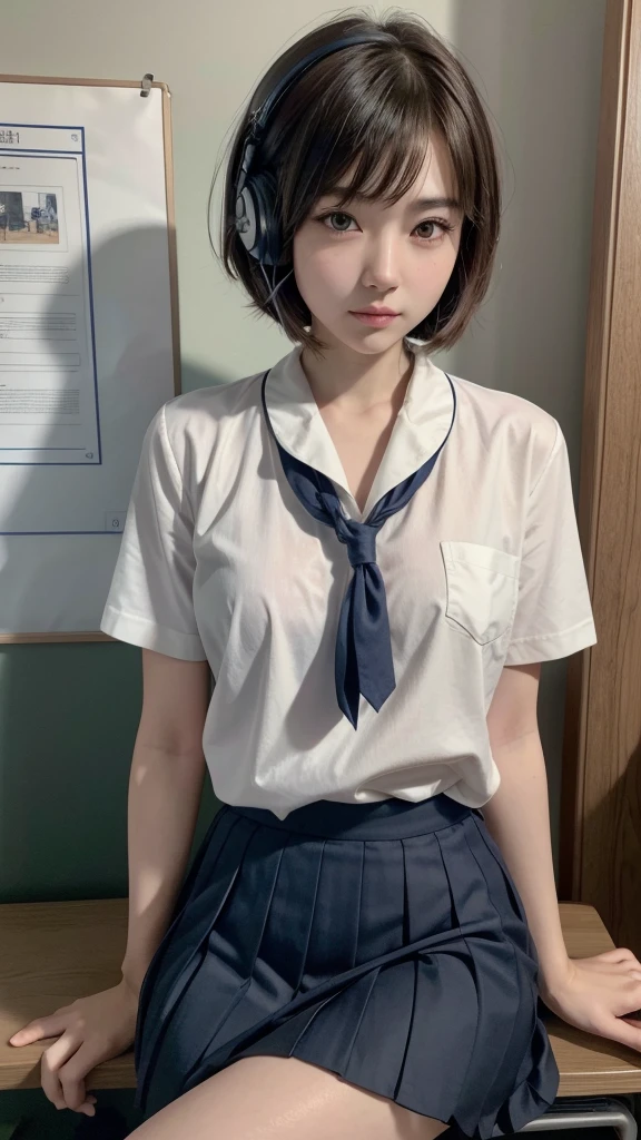 High school girls、17 years old、((Summer sailor uniform))A pure and beautiful girl、((脚を開いて''pantiesを見せる''))、Sit on a chair with open legs、In the classroom、(Black pleated skirt)、Short-sleeved sailor suit、綺麗なpubic、Big Breastid-size bust、((pubic、panties))、Show me your pants、Open your feet wide、(Straight Bob Hair)、Show your pants、Henyo Henyo Face、(((脚を開いてpantiesを見せてください)))、Firm breasts、Protruding breasts