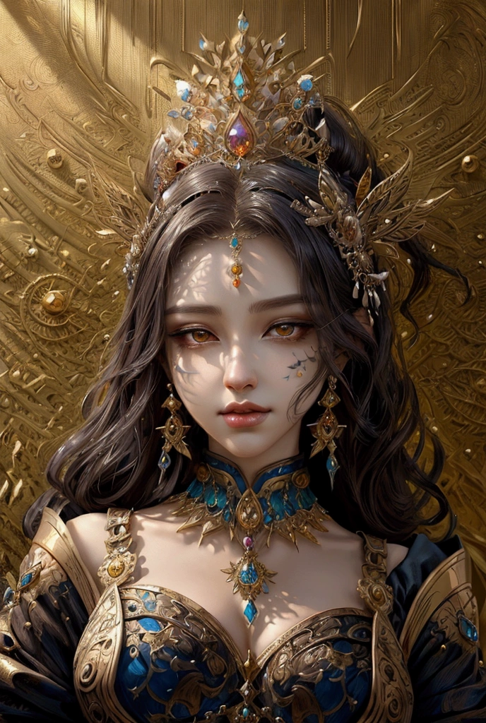 a woman with a gold headpiece and jewels on her face, epic fantasy art style hd, detailed fantasy art, detailed fantasy digital art, fantasy art style, 8k high quality detailed art, beautiful digital artwork, elegant cinematic fantasy art, beautiful fantasy art portrait, epic fantasy art style, fantasy style art, beautiful fantasy art, epic fantasy art portrait