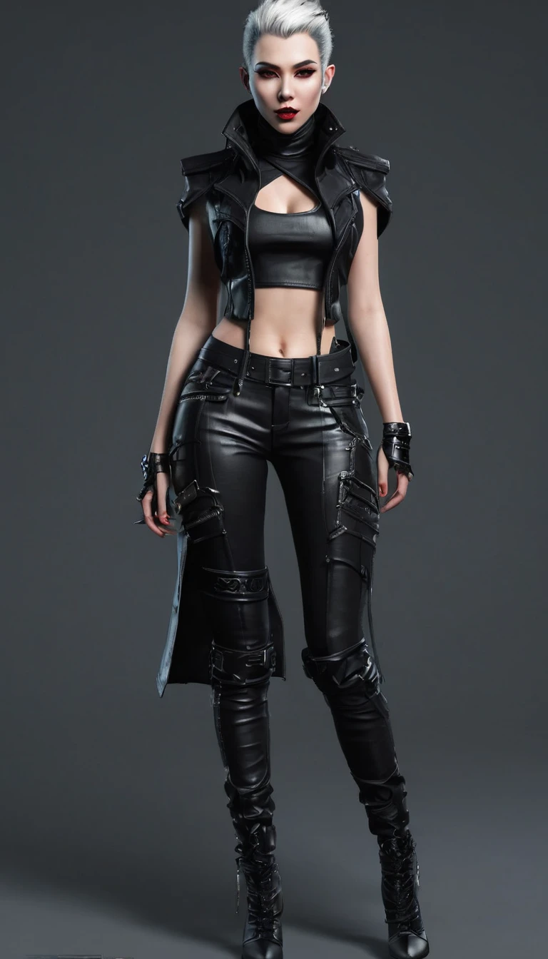 Create a full body  character and clothing items from vampire clans in modern times and create modern and cyberpunk fashion. Front, side and backCreate a full body female character and clothing items from vampire clans in modern times and create modern and cyberpunk fashion. Front, side and back