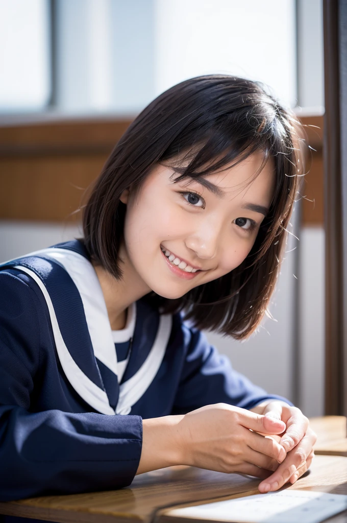 lens: 135mm f1.8, (highest quality),(RAW Photos), (Tabletop:1.1), (Beautiful  Japanese girl), Cute Face, (Deeply chiseled face:0.7), (freckles:0.4), (sparkling eyes), (healthy white skin), Dramatic lighting, (Japanese School Uniform), (In the classroom), shy, (Close-up shot:1.3), (smile, closed mouth:1.4), (sunlight), Sailor suit, dark blue, Long sleeve, (looking away:1.5)