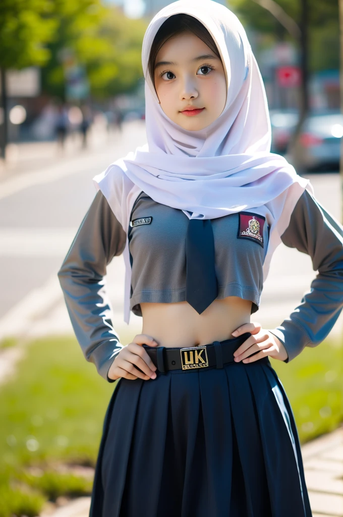 (((Ultra-HD-quality-details))) , school girl wearing hijab (Hijabi) ,Long Sleeve Buttoned Crop Navel Uniform ,indistinct ,pale skin, belt under the hips ,Long skirt ,both hands on hips ,(8k resolusion)