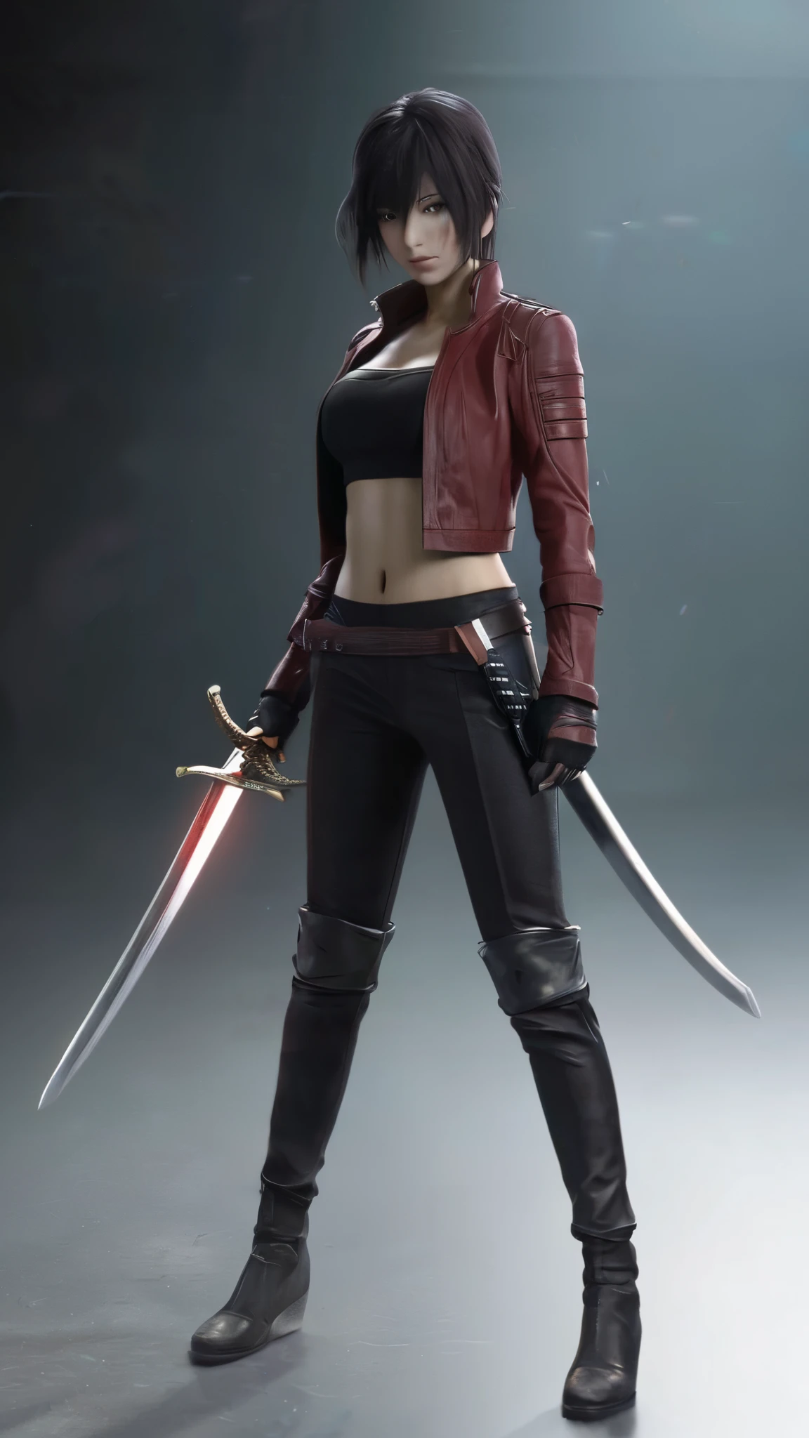 a woman holding a sword in a dark room, 2. 5 d cgi anime fantasy artwork, holding a black katana, stuning fantasy 3 d render, holding katana, unreal engine character art, unsheathing her katana, she is holding a katana sword, yasuke 5 0 0 px models, dramatic wielding katana pose, holding a katana, background color smoked, Red leather jacket.