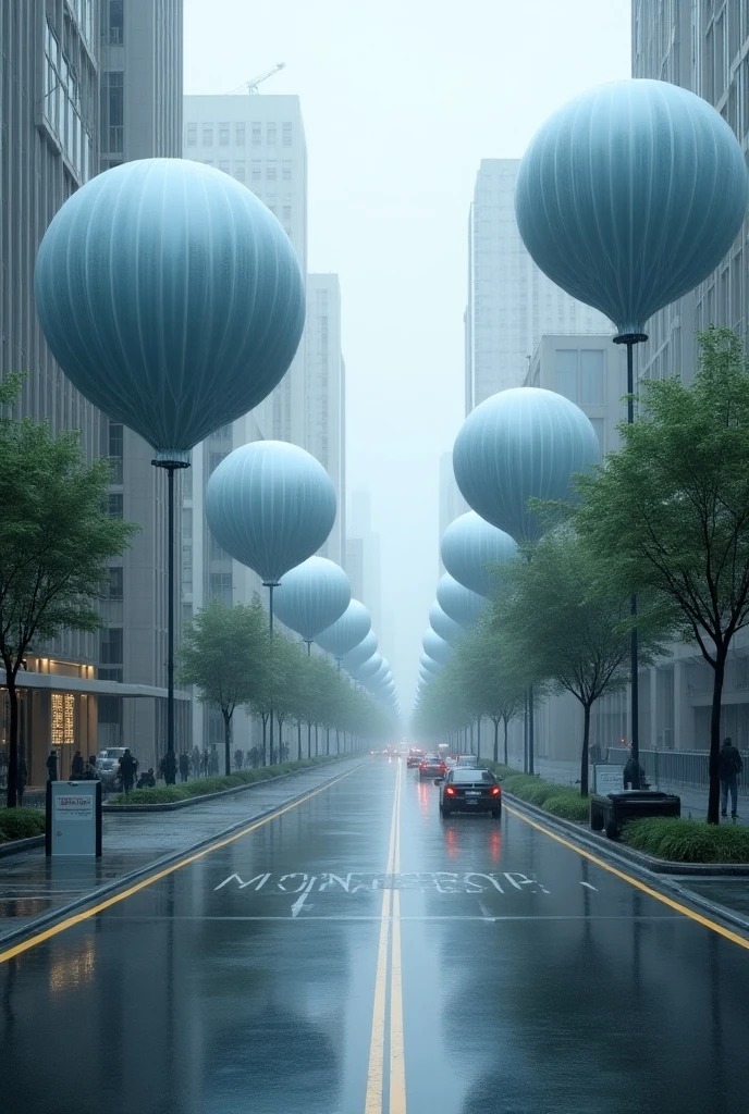 Create rain water sucking ballons on city roads either side of edges that takes in all the rainwater into them on a heavy rainfall day