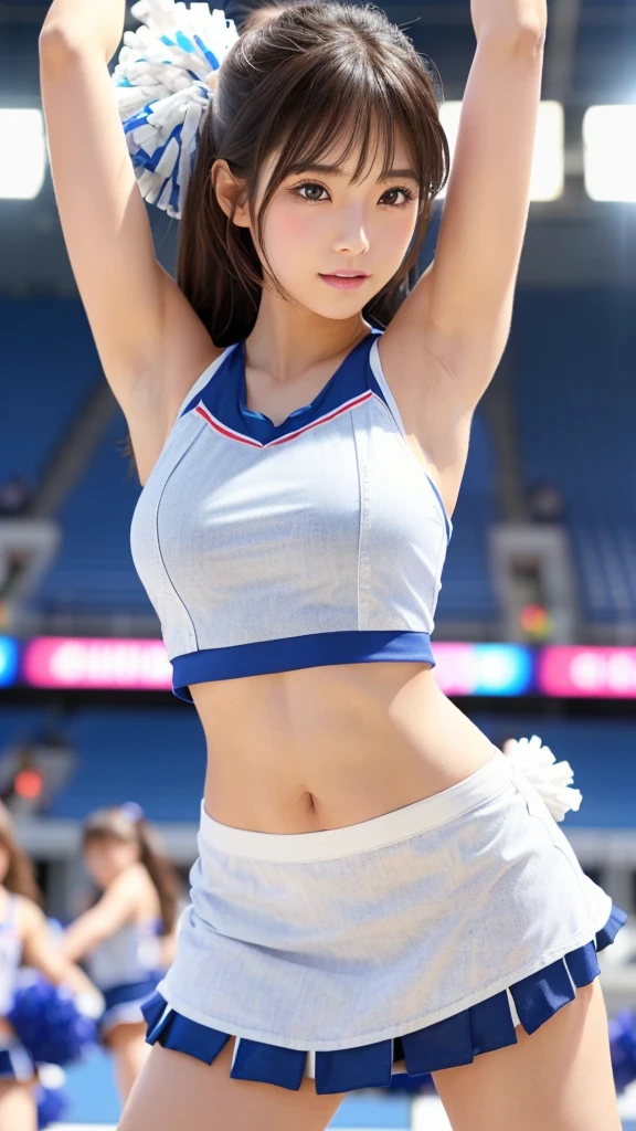 Slender Asian girl, kpop idol, ((CHEERLEADER)), ((top quality, 8k, masterpiece: 1.3)), crisp focus: 1.2, beautiful woman with perfect figure: 1.4, highly detailed face and skin texture, detailed eyes, ((skinny)), beautiful face, symmetrical face, full-length, sexy, almost naked