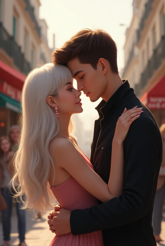 Anime couples are strolling through a sci-fi town full of party and debauchery. A waist-high girl with white hair and golden pupils is leading a man with medium hair. Shadows of dragons and phoenixes appear behind them. perspectiva de close-up. Arte conceitual Makoto Shinkai, Vencedor do Pixiv, Romantismo, Makoto Shinkai Cirilo Rolando, Arte Conceitual do Amor, Elogio transe. fundo da paisagem, Ross Tran e Makoto Shinkai, Ross Tran e Ilya Kuvshinov, Loish e Ross Tran.
