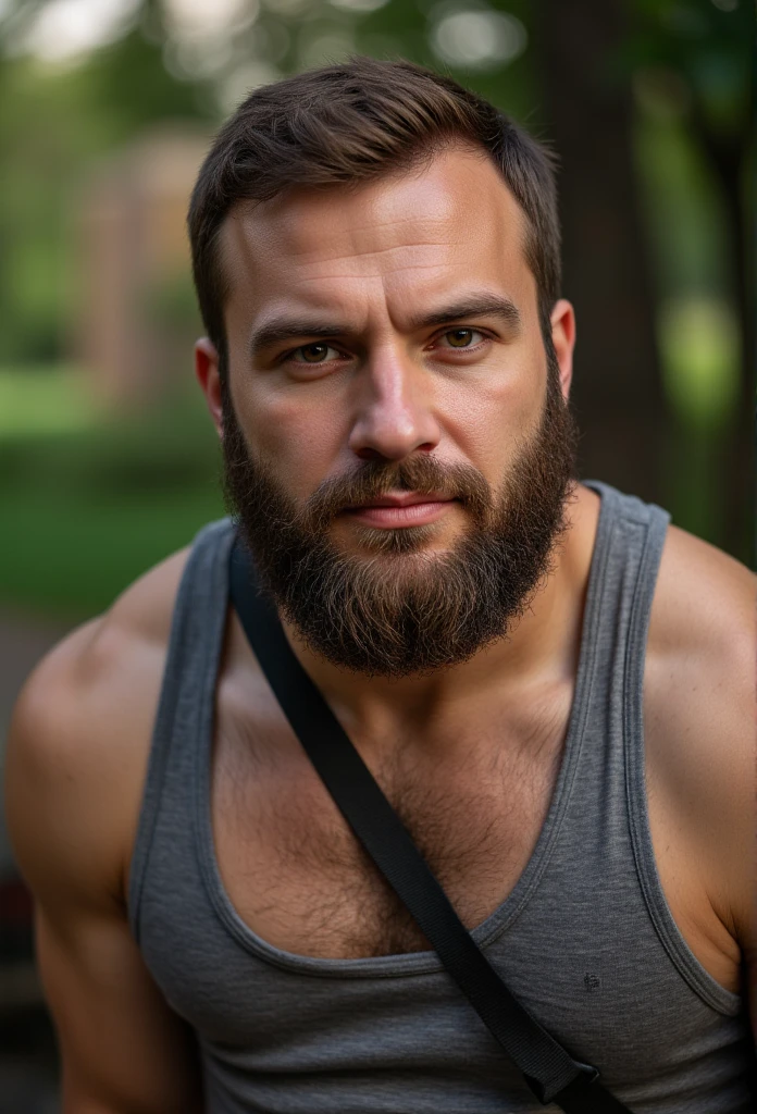 Capture um 8K, retrato hiper-realista de um homem com cerca de 50 anos usando regata branca e cueca vinho, He's chubby. Ele tem um corte de cabelo desbotado estilo militar muito curto, with a rugged beard that gives off a lumberjack vibe. The other man is muscular and has a very hairy chest, he's just wearing short shorts. A imagem deve mostar o corpo todo, e focar nos pelos no peito, renderizado no estilo hiperrealista. Inspirando-se na fotografia de Greg Rutkowski, maintain a high level of realism while highlighting the man's natural, rugged appearance