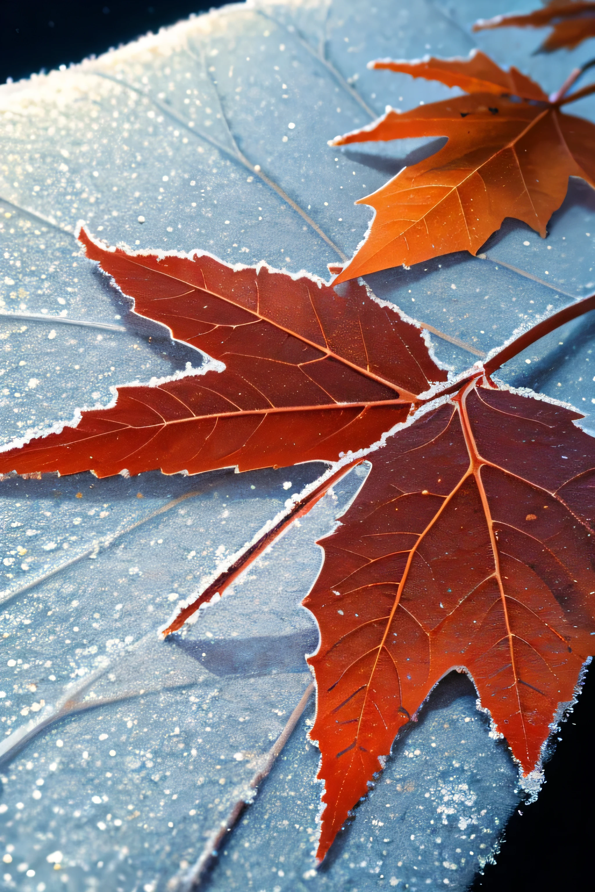 autumn，close-up，（low contrast），thick frost on a dried leaf，（low-key），dark sky，