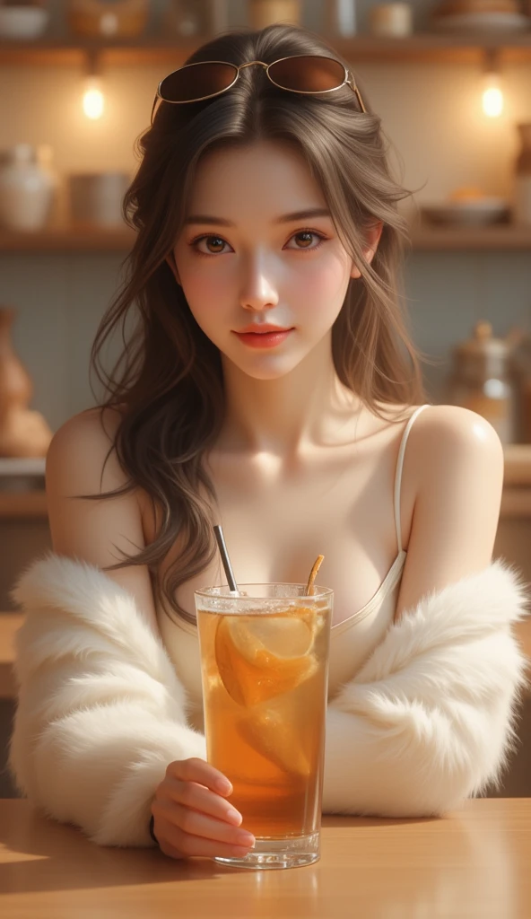 In the image, a young Chinese woman with fair, smooth skin is sitting at a table in what appears to be a cafe or bakery. She has long, wavy hair and is wearing a light-colored off-the-shoulder top with fur-like sleeves. On her head, she has a pair of sunglasses in her hair. In front of her on the table is a glass containing an amber liquid, possibly tea or iced coffee, garnished with a slice of citrus fruit. The background has warm-toned lighting and displays shelves containing various items, evoking a cozy and inviting atmosphere.