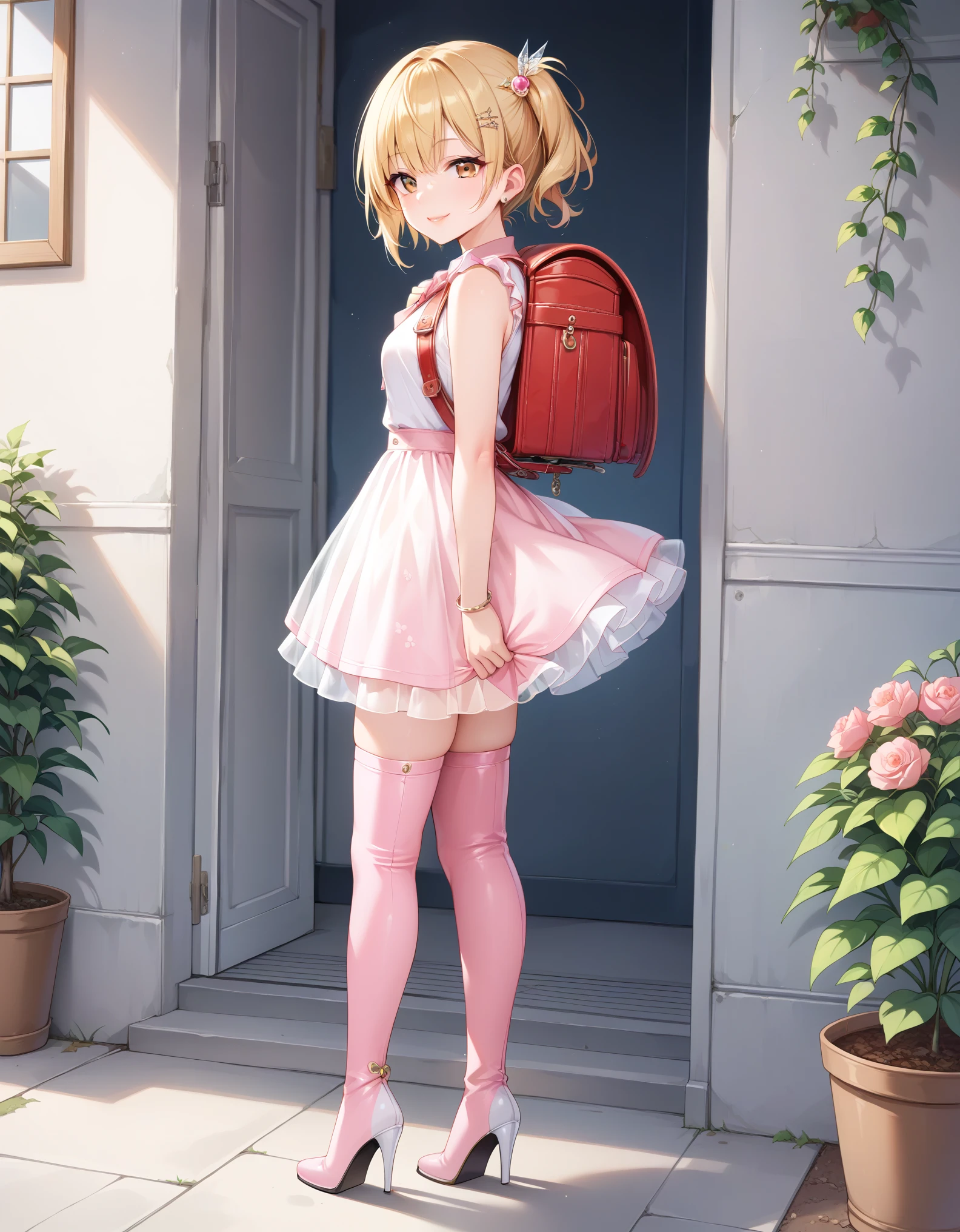 masterpiece, best quality, highly detailed, ultra high res, 1girl, solo, hazel eyes, hair ornament, short ash blonde hair, (side tail hair), light smile, glossy lips, sleeveless idol dress, very puffy skirt, flared skirt, (see-through skirt:1.3), pink thigh highs, white heeled boots, full body, wearing high heel boots, wearing red backpack, wearing randoseru backpack, outdoor 