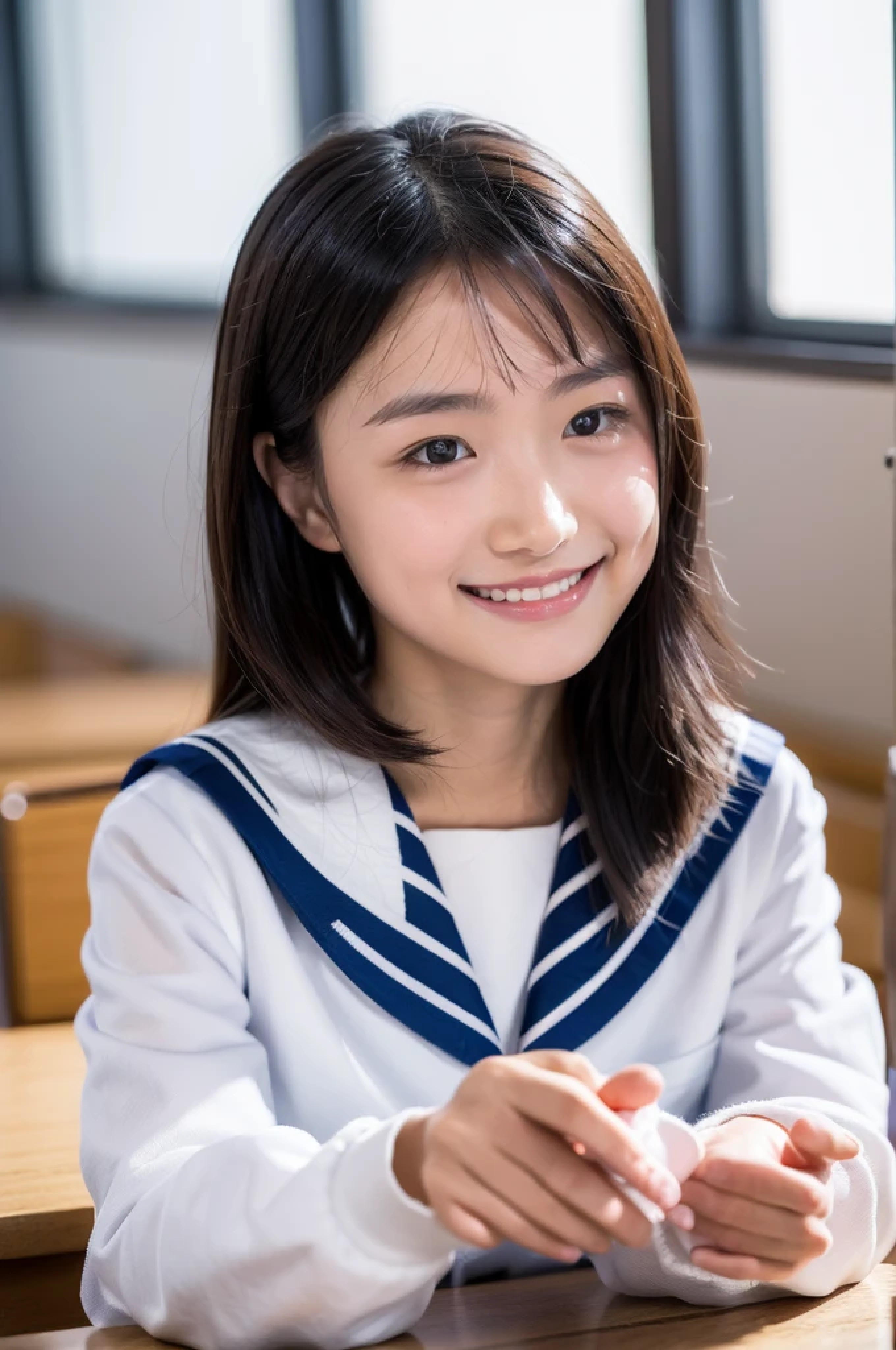 lens: 135mm f1.8, (highest quality),(RAW Photos), (Tabletop:1.1), (Beautiful  Japanese girl), Cute Face, (Deeply chiseled face:0.7), (freckles:0.4), (sparkling eyes), (healthy white skin), Dramatic lighting, (Japanese School Uniform), (In the classroom), shy, (Close-up shot:1.3), (smile, closed mouth:1.4), (sunlight), Sailor suit, dark blue, Long sleeve, (looking away:1.5)