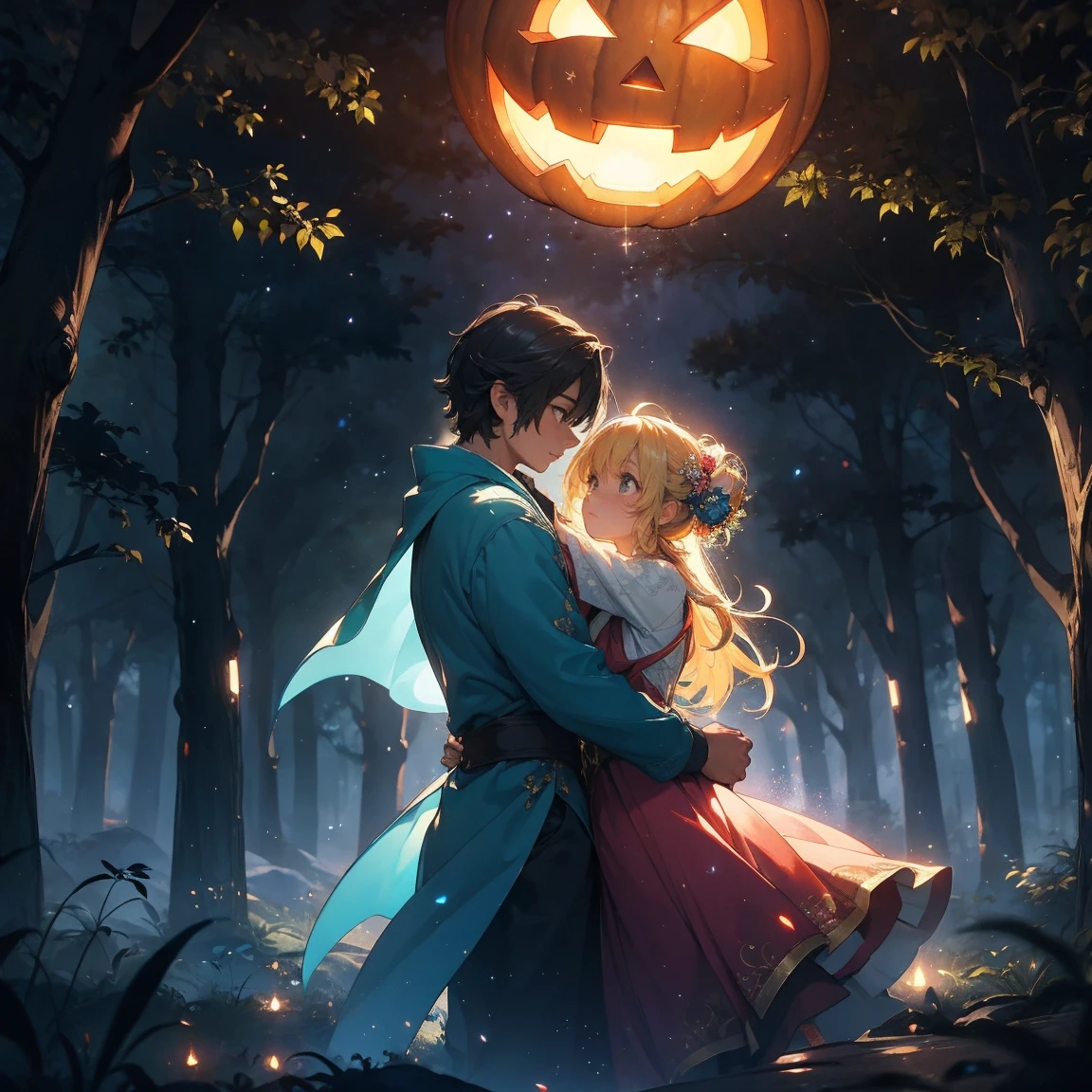 Magical Forest ,  にある非常に精巧で幻想的なカボチャで、 glowing mystical circles and sparkling light particles are dancing on a very elaborate and fantastic pumpkin in,  super real, 8k, Realistic, masterpiece, Vibrant colors,  Dramatic Lighting,   cinematic composition  , Mysterious atmosphere