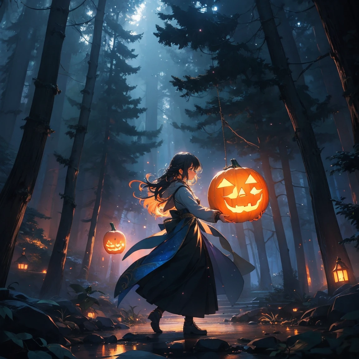 Magical Forest ,  にある非常に精巧で幻想的なカボチャで、 glowing mystical circles and sparkling light particles are dancing on a very elaborate and fantastic pumpkin in,  super real, 8k, Realistic, masterpiece, Vibrant colors,  Dramatic Lighting,   cinematic composition  , Mysterious atmosphere