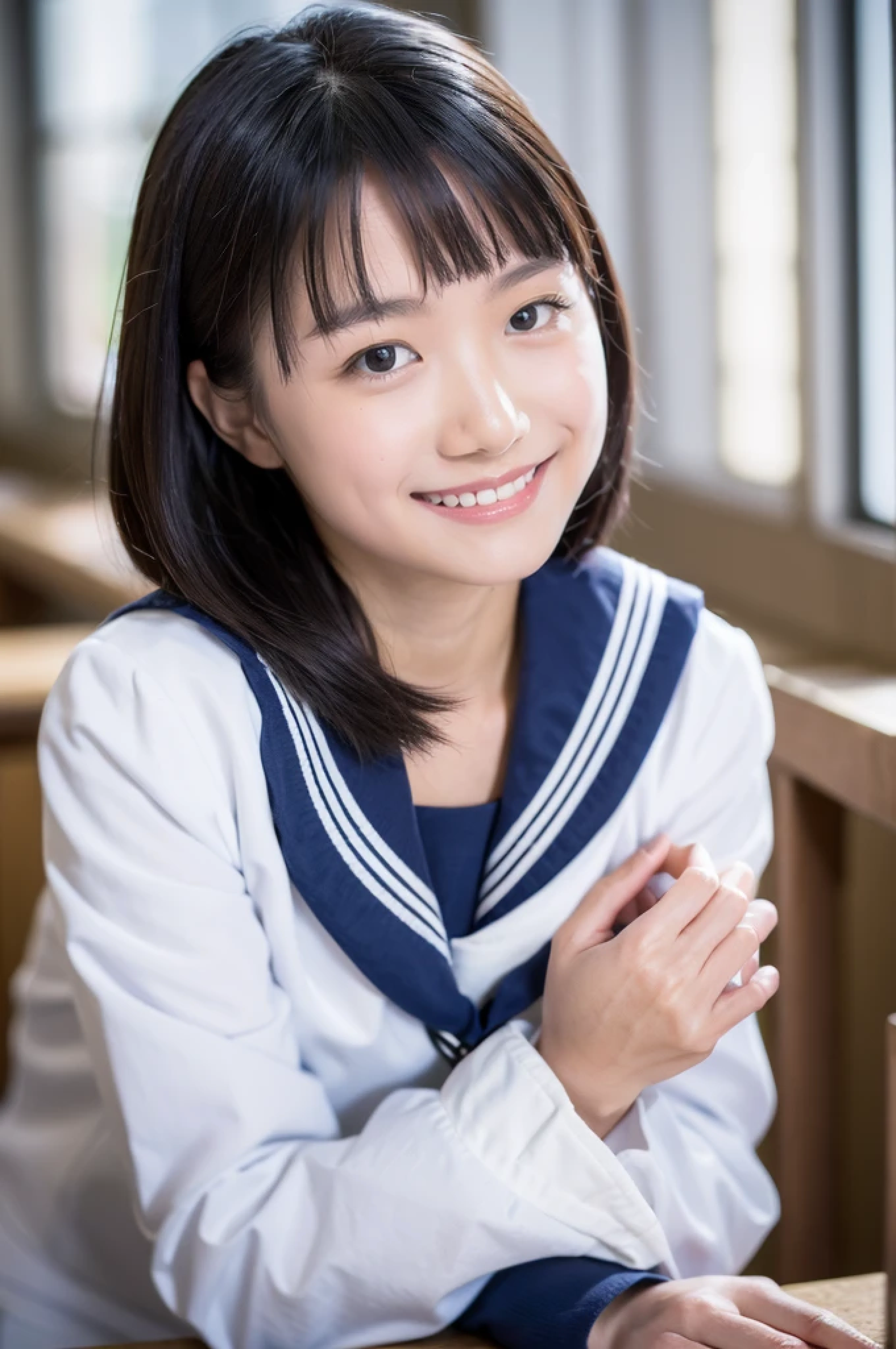 lens: 135mm f1.8, (highest quality),(RAW Photos), (Tabletop:1.1), (Beautiful  Japanese girl), Cute Face, (Deeply chiseled face:0.7), (freckles:0.4), (sparkling eyes), (healthy white skin), Dramatic lighting, (Japanese School Uniform), (In the classroom), shy, (Close-up shot:1.3), (smile, closed mouth:1.4), (sunlight), Sailor suit, dark blue, Long sleeve, (looking away:1.5)