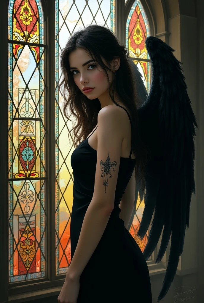 Hyperralistic, Photo Ultra realistic, Naked White girl 18 years old. White skin, Beautiful face, beautiful Blue eyes, red full lips, Long long black straight hair, Voluptuous body, White Skin, full body view, (((Tiny Small hanging breast, Small tiny breasts, erect nipples, Very wide areolas))), (((perky nipples))) (((Arms Wide Open))), Hairless perfect pussy, Naked, Medium heigh, piercing in the belly, posing full naked Body, posing in the artist's painter studio, Anatomic Renaissance drawings, sketches, Paints hanging on the wall, full shot portrait, Shaved pussy. She has Black Wings, her arms and hands like praying.