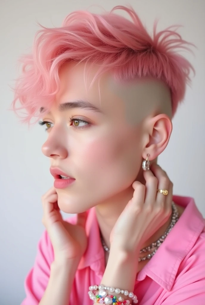 Lovely naked young woman with a pink buzz cut is eagerly licking a sticky milky liquid from her fingers.  full bimbo lips.  pink leather slave collar. pink lipstick smeared. piercings.  iron bracelets.  long eyelashes. lots of makeup.  her eyeliner is running.  Swollen pink hairless pussy.  Pierced nipples.