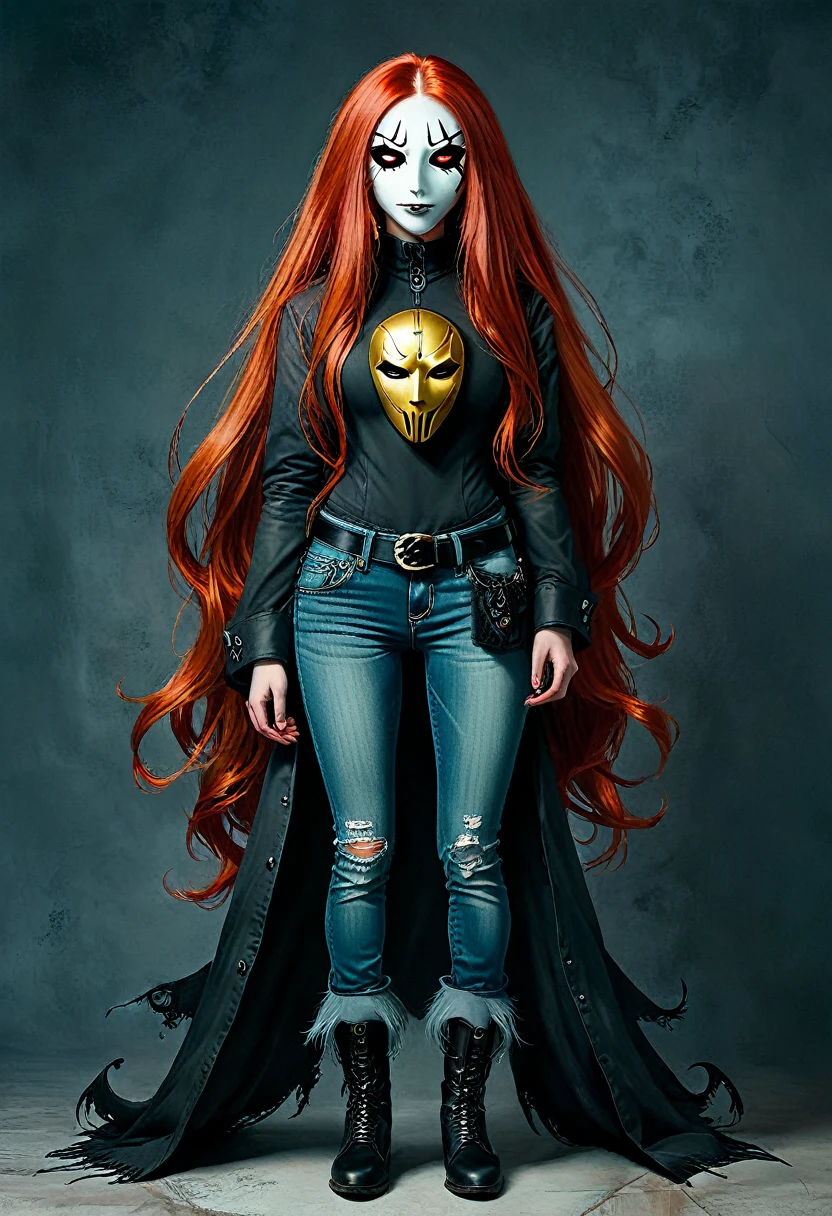 Una adolescente, long red hair with an evil mask, jeans esqueleto negros, chica, esbelta, chaqueta negra, coffee boots, character design page,  artistic, arte conceptual, 