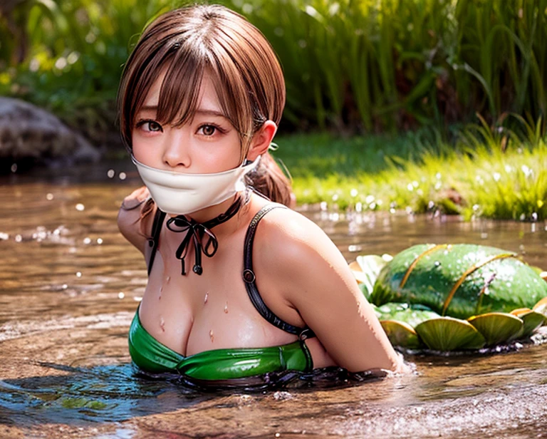  1 girl,  High Resolution , Wet clothes, See-through clothing, Cover your mouth, In the swamp, Slime, Melted, frog, Melon Soda, green pepper, Ice cream, 