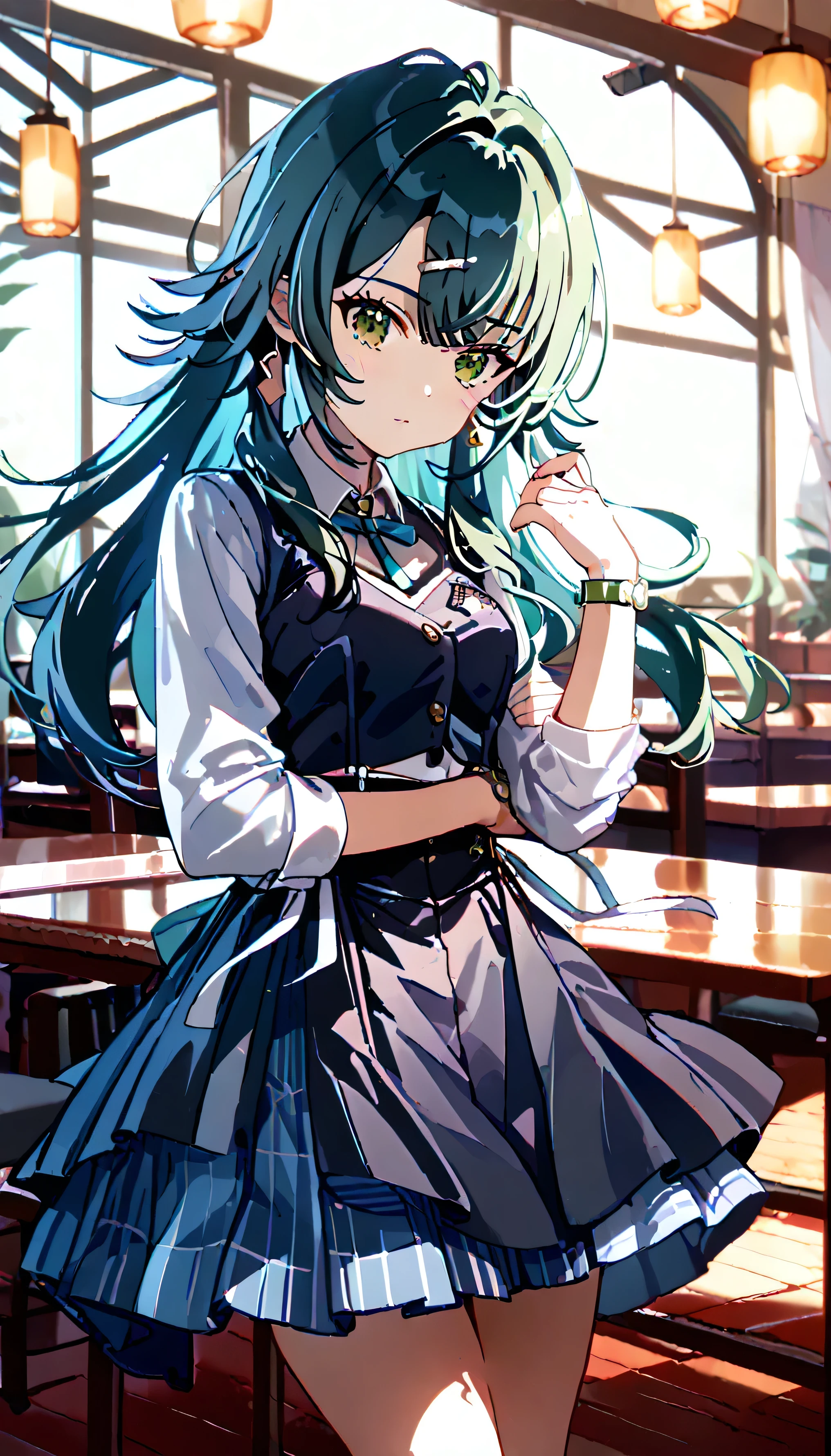 (Masterpiece),( best quality),( anime illustration),Tsukimura Temari,slender,gleen eyes,Long Hair,Hair Clip, Restaurant,Medium Breast,black vest, Harajuku Fashion ,Cute expression,Idol Pose