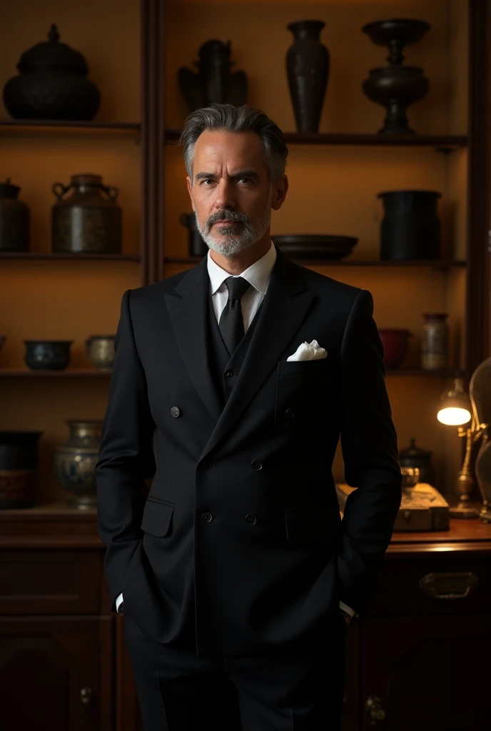 /A man in his 50s, very elegant, dressed in a tuxedo, sitting at a table, a set table, in a fancy restaurant. The man was with ((look of astonishment)), looking at the photo. Realistic image, high definition quality, high quality image.
