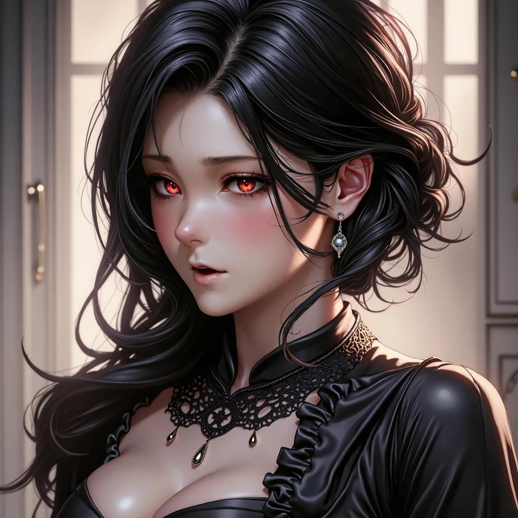 Create an image of the most stunningly gorgeous beautiful perfect sexy demon girl , high detailed sexy stunning face, perfect makeup, large lips, lipstick,beautiful perfect body, lace bdsm lingerie , dutch hair,