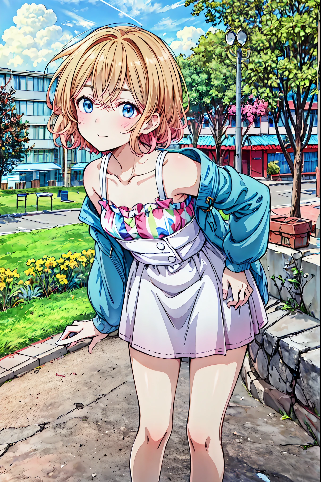 Tabletop, Best Quality, shape, wallpaper, Super detailed, absurd, 1, Alone, ( medium short hair、Short braided hair), beautiful fine detail , (street), Bright sky, ( Panoramic View :1.3), (Depth:1.5),Brown Hair, shortcuts,Messy Hair,Short braided hair,Neat,Slender beauty,Correct posture,Small chest,Beautiful legs, enchanting gray-blue eyes shine like stars,Droopy eyes,Vibrant colors, beautiful eyes,A delicate smile,Textured Skin, best quality , gentle and beautiful woman ,Anime Style、