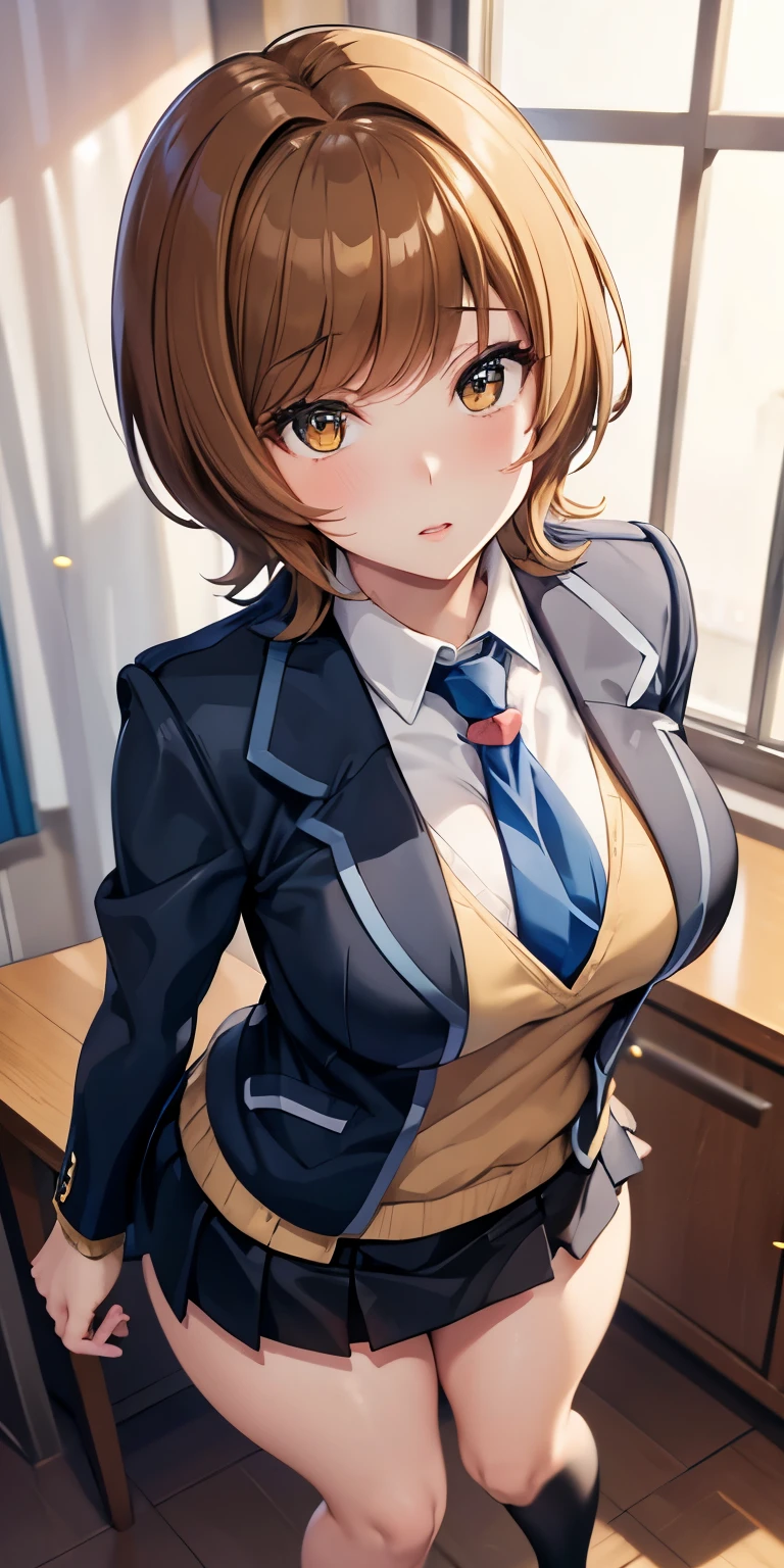 1 Female,High definition,high resolution,Ultra-realistic,8K, hmza, short hair, antenna hair, brown eyes, , blue necktie, (black jacket), yellow shirt,long sleeves,( black skirt),tight skirt , miniskirt,European,sexy,Upper body close-up,Photographed from the front,Dynamic Angles,blush, (big tits  ), happy, wink the eye,facial, sweat ,(wide thighs:1.4),(red panties),(show panties),(pubic hair),(cameltoe),(sitting),(spread legs)