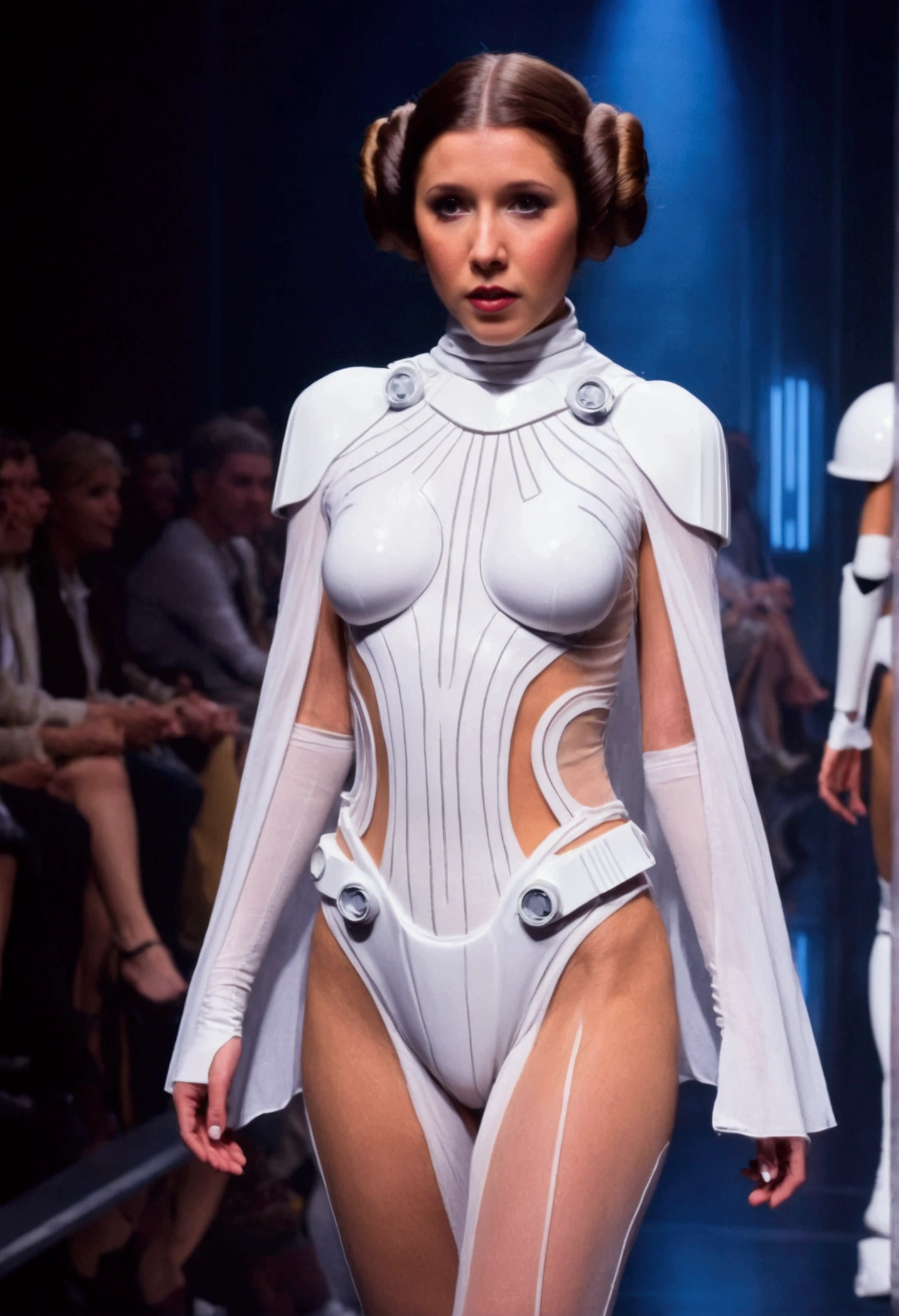 star wars fashion show, princess leia (cute, age 25, sheer white futuristic outfit, no underwear) model strut and poses, large audience, sci fi fashion run way
