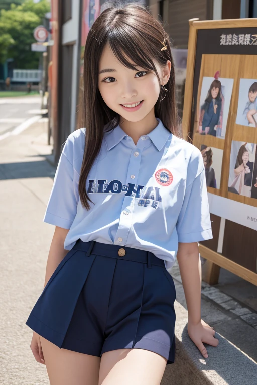 High quality masterpiece, 8k, , Japanese Girls, RAW Photos,          absurd, Winner portrait smile face, 笑face, Alone, uniform, Summer Clothes Idol&#39;face, violet, Gardenia, Delicate girl,              long black hair             , Dark Eyes, Upper body digital SLR,             Observe the Audience, Frank, Sophisticated, Like々Shii, Thin arms,             Professional lighting that protrudes forward     ,            film grain         ,  chromatic ablation, (Details of the eye and face: 1.0), (Bokeh button:1.1)