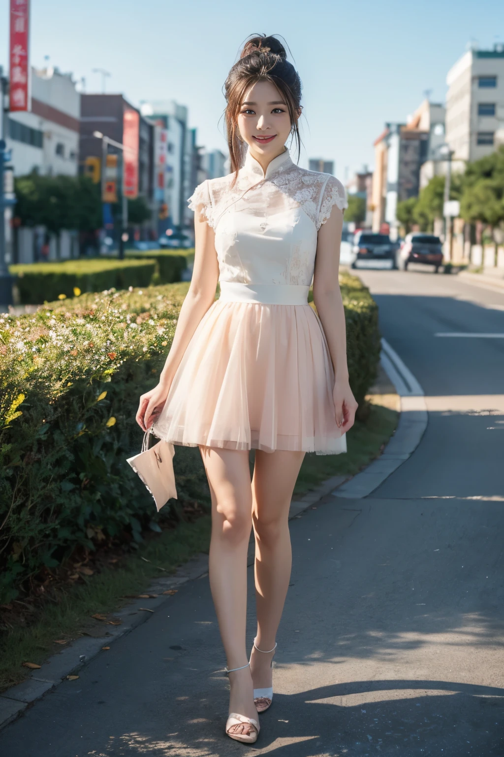 8 thousand, masterpiece, RAW photos, best quality, realistic, extremely detailed CG unity 8 thousand wallpaper, depth of field, cinematic light, lens flare, ray tracing, (an exceptionally beautiful face, beautiful lips, beautiful eyes), A face with intricate details, ((highly detailed skin)) 1 woman, in the dark, deep shadows, pretty asian girl, 1 girl, (very slim slender fit-muscled body:1.3), ((looking at viewer)),(big smile:1.3), clear eyes, walking , Frontal shots, (pale skin), (big eyes), heading forward, (brown hair), ((lace dress)), (looking at viewer:1.3) very slim, medium chest, tight dress, (Ultra Mini Dress), short skirt, (afternoon), glimmering, cherry blossom background, street, building, tree, (high heel), full body shot, (open chest), short sleeve, Short hair, see through